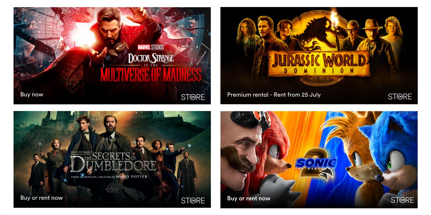TV screens showing Fantastic Beasts, Sonic the Hedgehog 2, The Lost City and Morbius