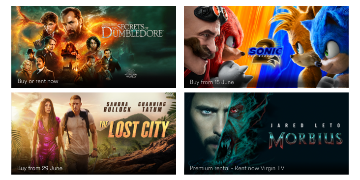 TV screens showing Fantastic Beasts, Sonic the Hedgehog 2, The Lost City and Morbius